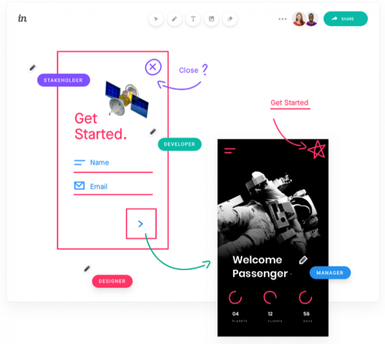 Screenshot van Invision Freehand: een van de tools voor online samenwerken.