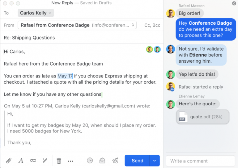 Screenshot van Missive: een van de tools voor online samenwerken.