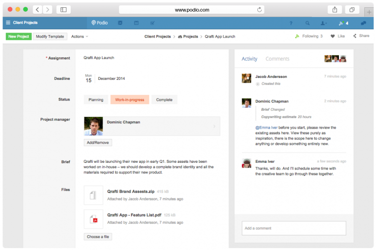 Screenshot van Podio: een van de tools voor online samenwerken.
