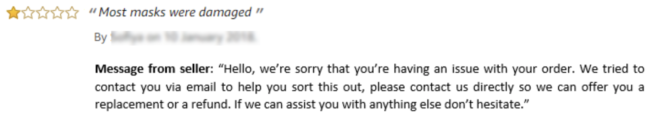 Voorbeeld van een negatieve review op Amazon, waarde verkoper goed op reageert.