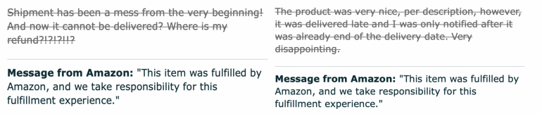 Voorbeeld van een review op Amazon, waarbij Amazon zelf de verantwoordelijkheid neemt.