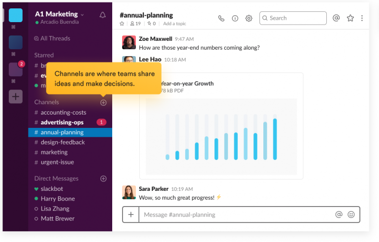 Screenshot van Slack: een van de tools voor online samenwerken.