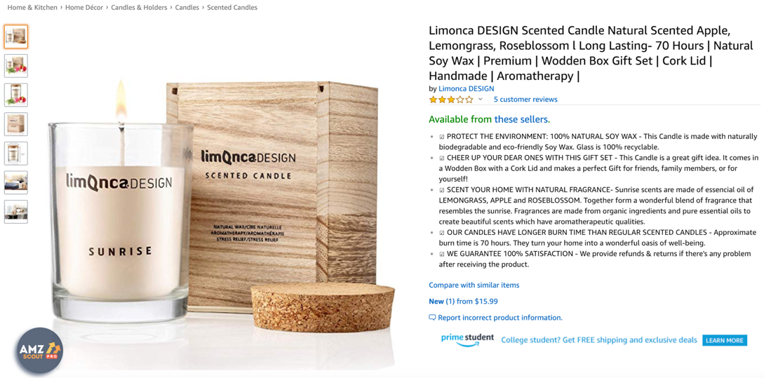 Screenshot van een product met beschrijving op Amazon.