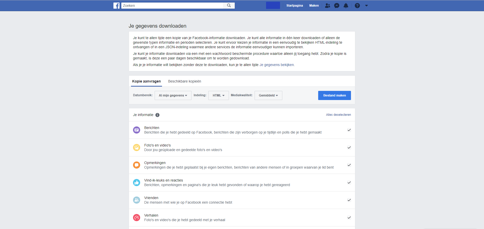 Gegevens downloaden bij Facebook.