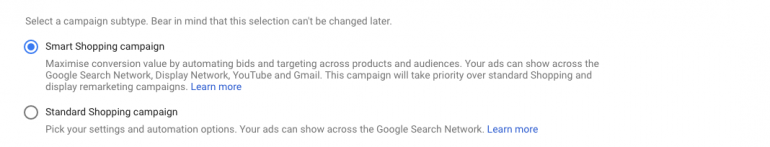selectie smart shopping google ads