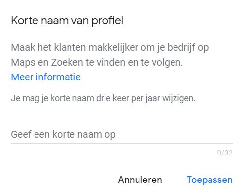 Google Mijn Bedrijf: screenshot van verkorte naam.