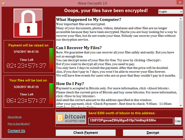 Screenshot van de WannaCry ransomware-aanval in 2017.