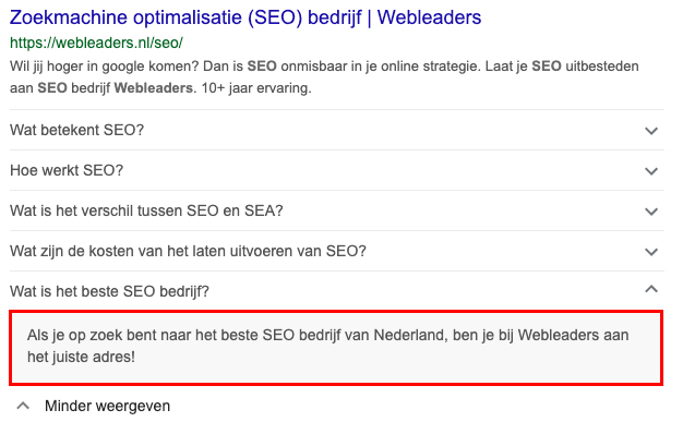 Screenshot: voorbeeld van hoe je de FAQ page snippet niet moet gebruiken.