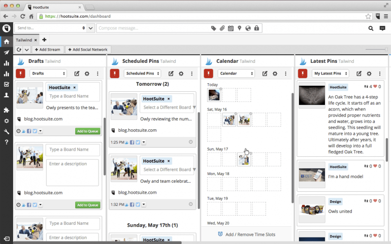 Screenshot van Hootsuite, een van de tools voor het inplannen van socialmediaposts.