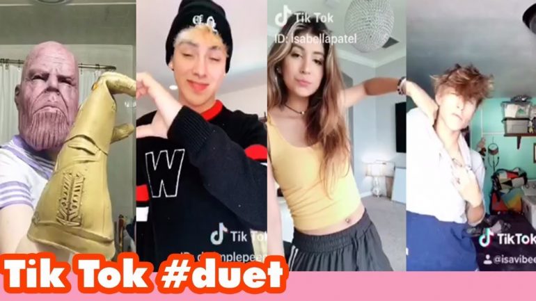 Screenshot van vier personen die samen aan een video op TikTok werken.