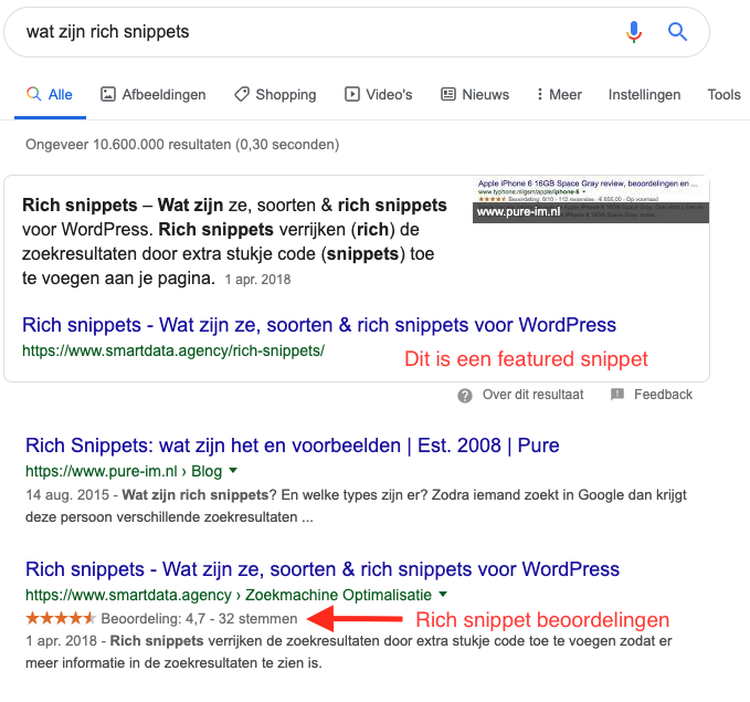 Screenshot: het verschil tussen featured snippets en rich snippets.
