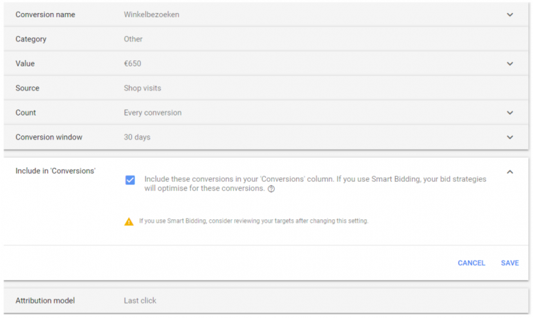 Google Store Visits: include in conversions.
