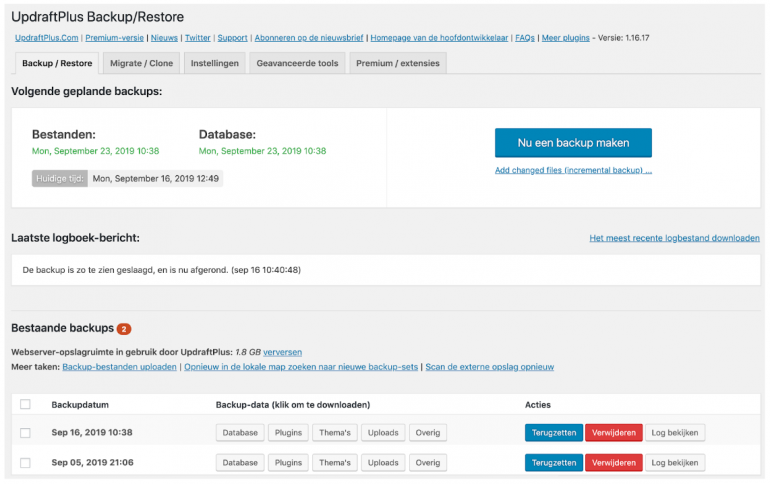 Screenshot van de WordPress-plugin UpdraftPlus.
