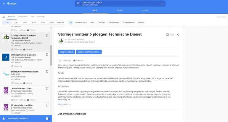 Google for jobs: filteren en zoeken door vacatures.