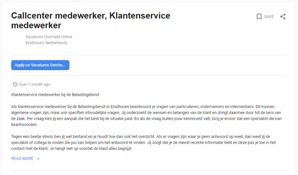 Voorbeeld van vacature in Google for Jobs.