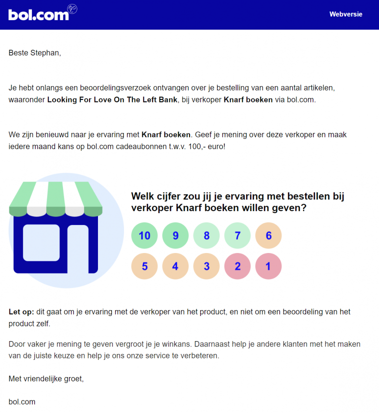 Screenshot van een mail waarin de klant een beoordeling kan geven over zijn of haar aankoop bij Bol.com.