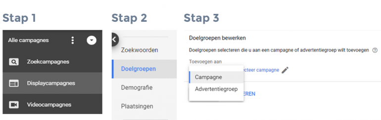 Screenshot van Google Ads, waar je de doelgroepen affiniteit en aangepaste affiniteit kunt vinden.