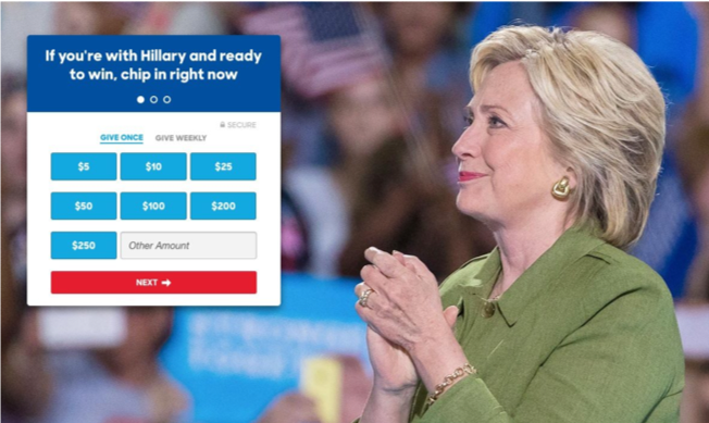 Een voorbeeld van visual cueing op de landingspagina van Hillary Clinton.