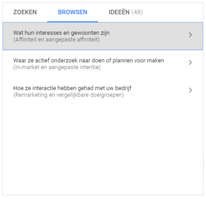 Screenshot van aangepaste affiniteitsdoelgroepen.