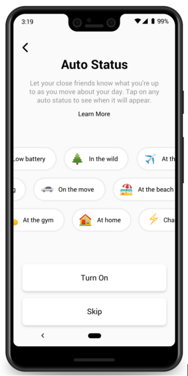 Screenshot van het instellen van je 'auto status' in de app.