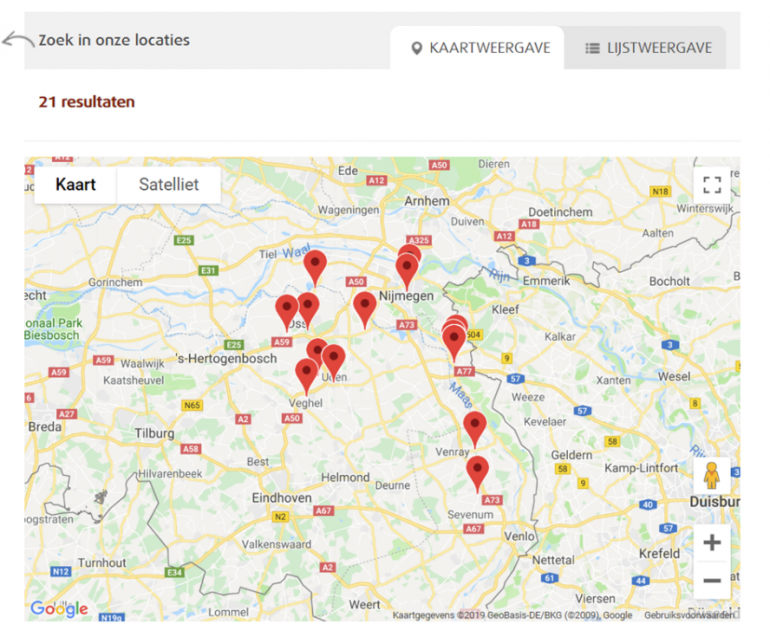 Kaartweergave van locaties van zorginstelling Dichterbij