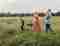 Hippe ouders met kinderen op festival.