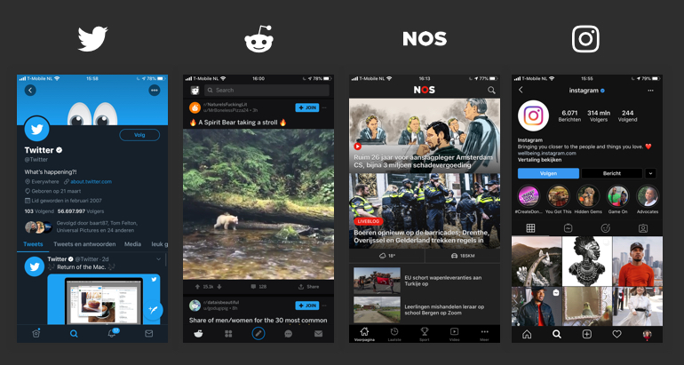 Voorbeelden van dark mode.