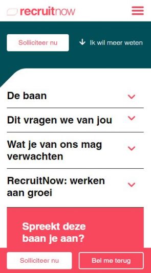 Uitklapbare alinea's bij mobiele advertentie RecruitNow.