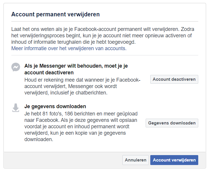 Screenshot van het verwijderen van je Facebook-account.