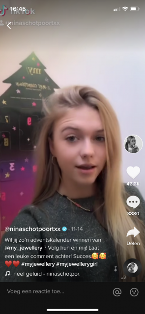 Screenshot: winactie op TikTok Nina Schotpoort en My Jewellery.