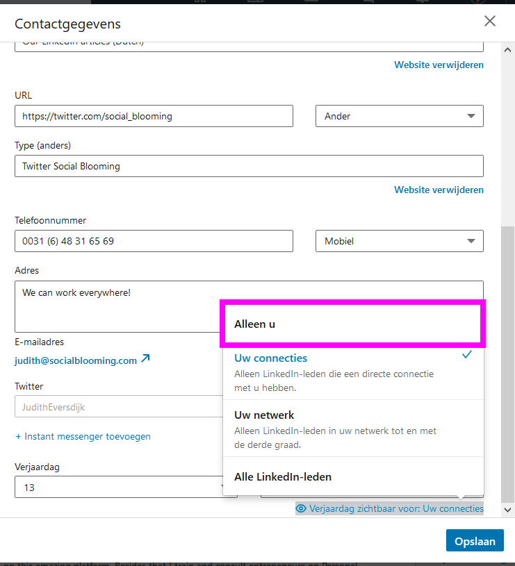 LinkedIn: verjaardagsmelding uitzetten.