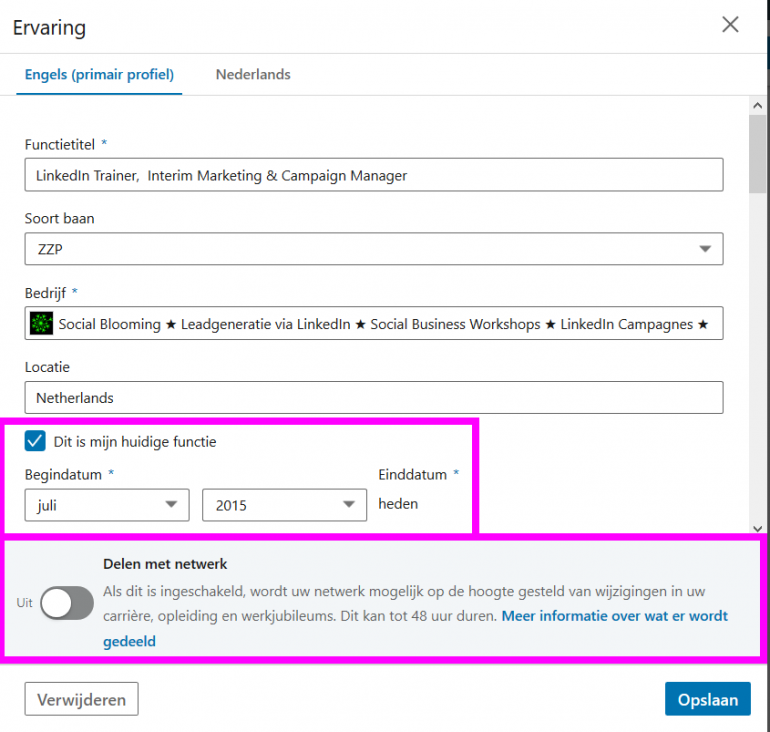 LinkedIn-account: ervaring aanpassen.