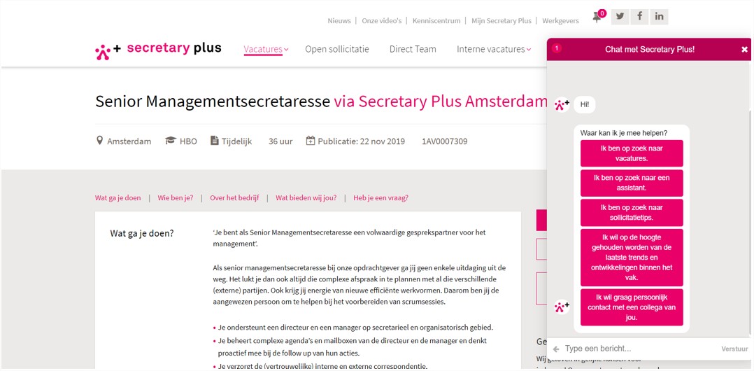 Voorbeeld van een chatbot die wordt gebruikt voor recruitment.