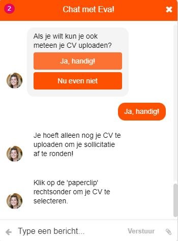 Screenshot van een chatbot die wordt gebruikt voor recruitment.