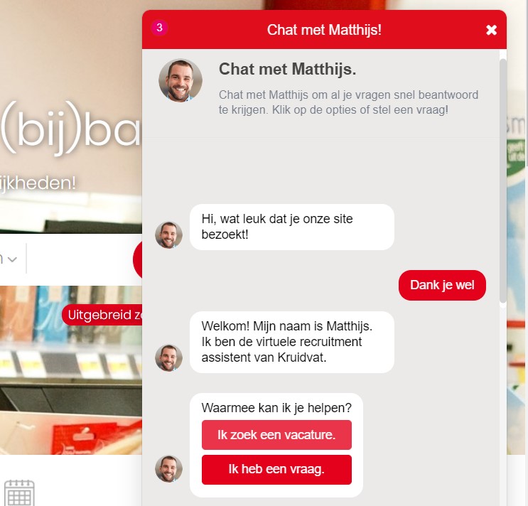 Screenshot van een avatar in een chatbot.