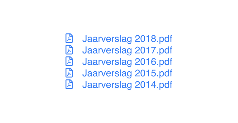 Voorbeeld van jaarverslagen als pdf op een rij. 