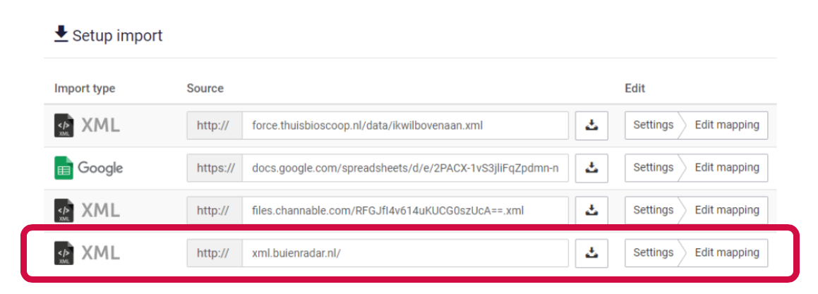 Screenshot van het toevoegen van de data van Buienradar in je feedmarketing.
