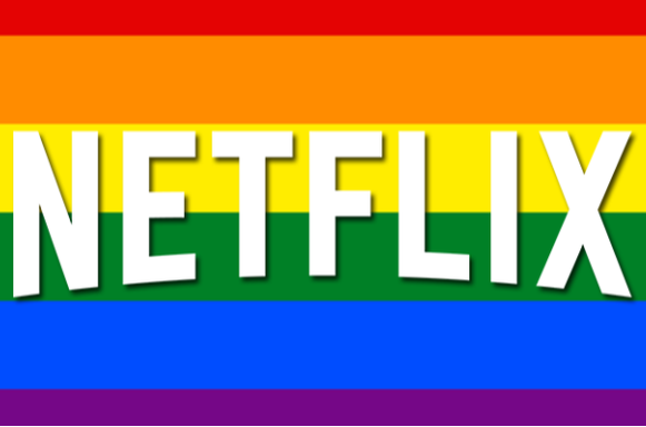 Afbeelding van het woord Netflix, afgebeeld op een regenboogvlag.