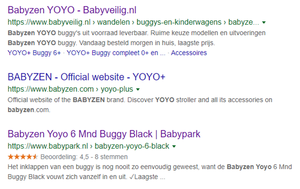 Rich snippets voorbeeld van Babyveilig en Babypark.