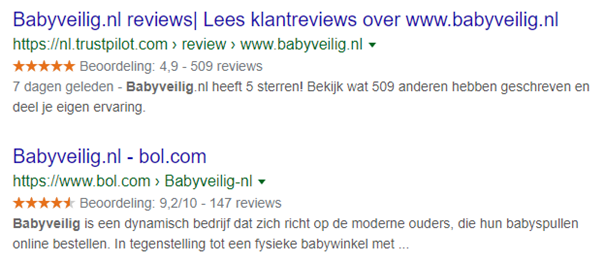 Voorbeeld rich snippet reviewscores in Trustpilot en Bol.com.