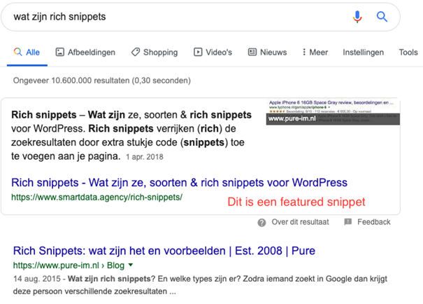 Rich snippet voorbeeld met featured snippet. 
