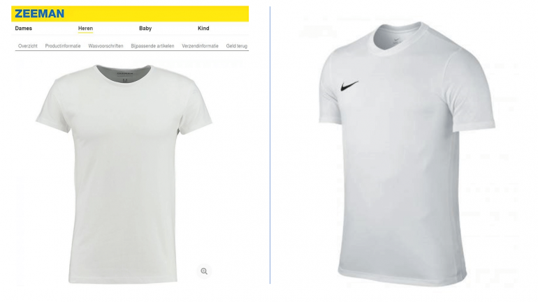 Vergelijking van twee witte T-shirts: Zeeman en Nike.