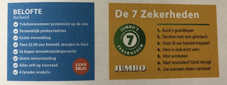 Voorbeelden van de klantbeloftes van Coolblue en Jumbo.