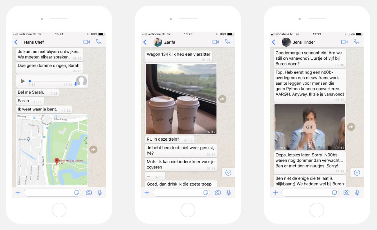 Screenshot van de 1e chat fiction Whatsapp-thriller van de NS, ontspoord.