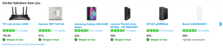 Voorbeeld van 'producten eerder bekeken door jou' op een website. 
