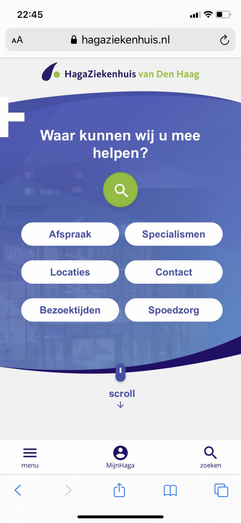 Website HagaZiekenhuis op mobile