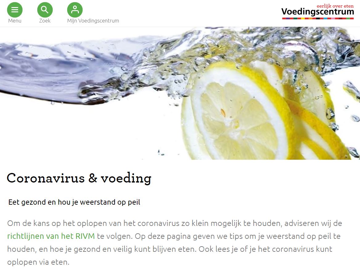 Screenshot van de website van het Voedingscentrum, zij haken in met een speciale pagina over het coronavirus.