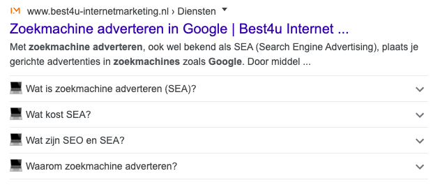 Een voorbeeld van een FAQ rich snippet in Google