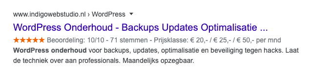 Een voorbeeld van een verrijkte snippet met prijs en beoordeling