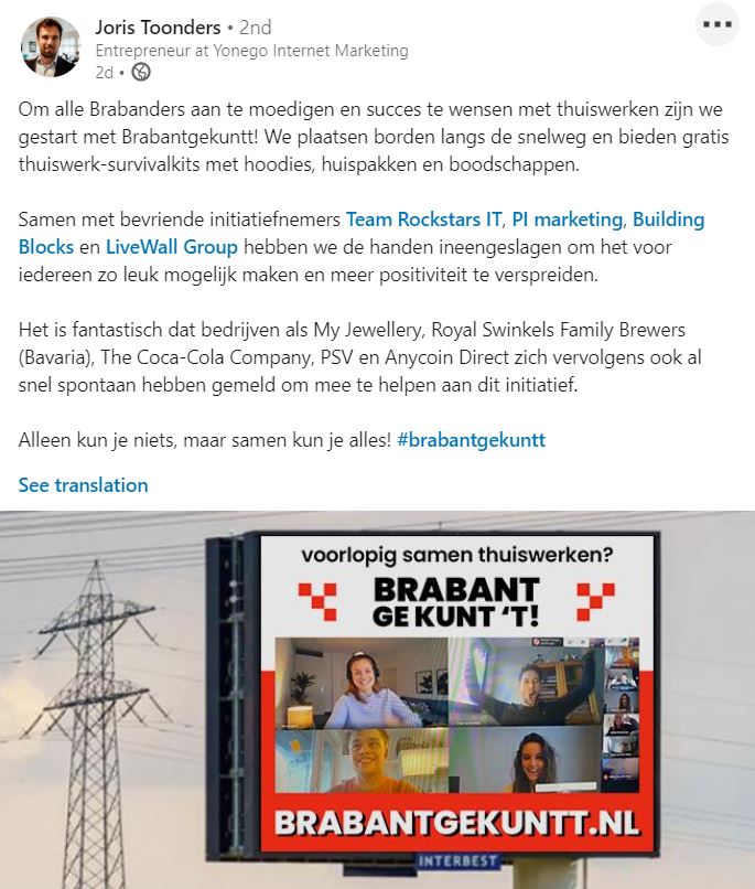 Screenshot van hoe een bedrijf uit Braband op LinkedIn inhaakt op het coronavirus, in tijden van crisiscommunicatie.